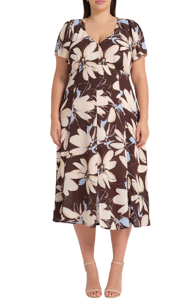 Estelle Caroline Floral Print Midi Dress, Main, color, Bluebell/ Choc