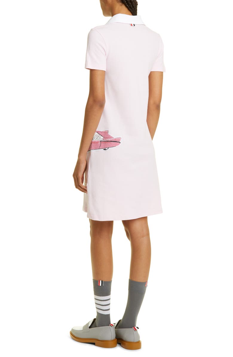 Thom Browne Car Bouclé Patch Embroidered Short Sleeve Silk Piqué Polo Dress, Alternate, color,