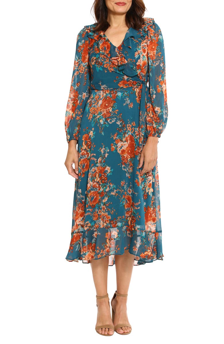 Maggy London Floral Long Sleeve Tiered Faux Wrap Midi Dress, Main, color, 
