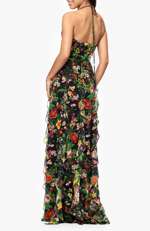 Shop Betsy & Adam Floral Halter Neck Gown In Black/red