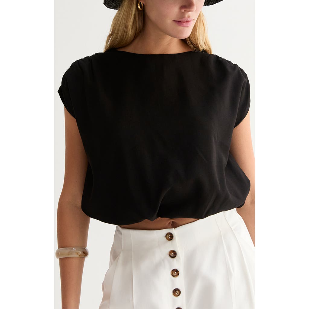 Crescent Cap Sleeve Bubble Hem Top In Black