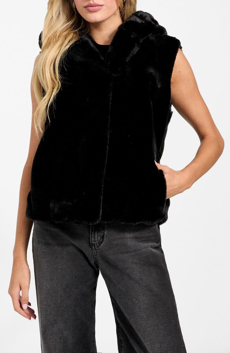 GUESS Sophy Hooded Faux Fur Vest, Alternate, color, Black
