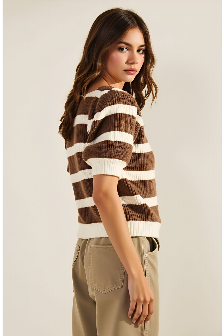 Striped Short Sleeve Sweater with Puff Shoulders and Square Neckline, Alternate, color, Brown / Off White Stripe