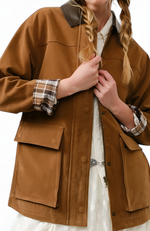 Modenaire Long Utility Jacket With Plaid Lining, Buckle Cuffs And Flap Pockets In Brown