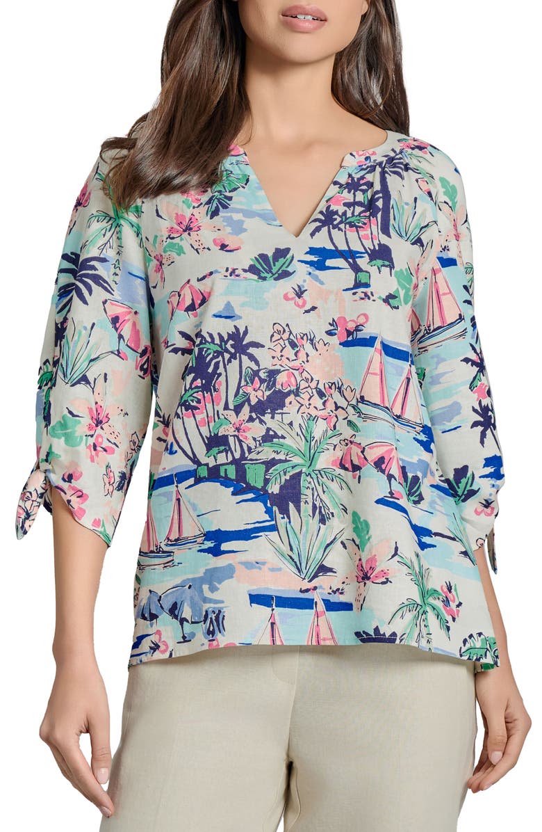 Jones New York Beach Print Tie Sleeve Linen Blend Top, Main, color, 