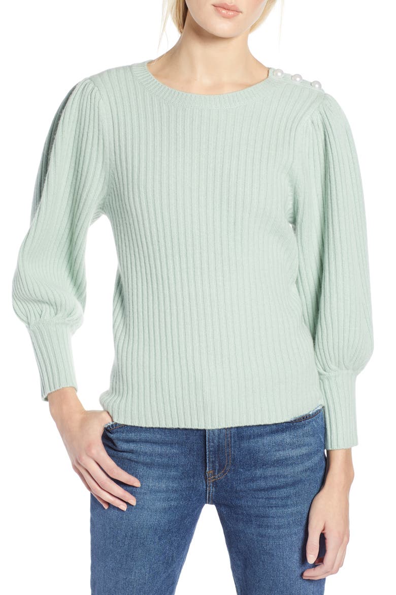 x Atlantic-Pacific Balloon Sleeve Wool & Cashmere Sweater, Main, color, GREEN FROZEN