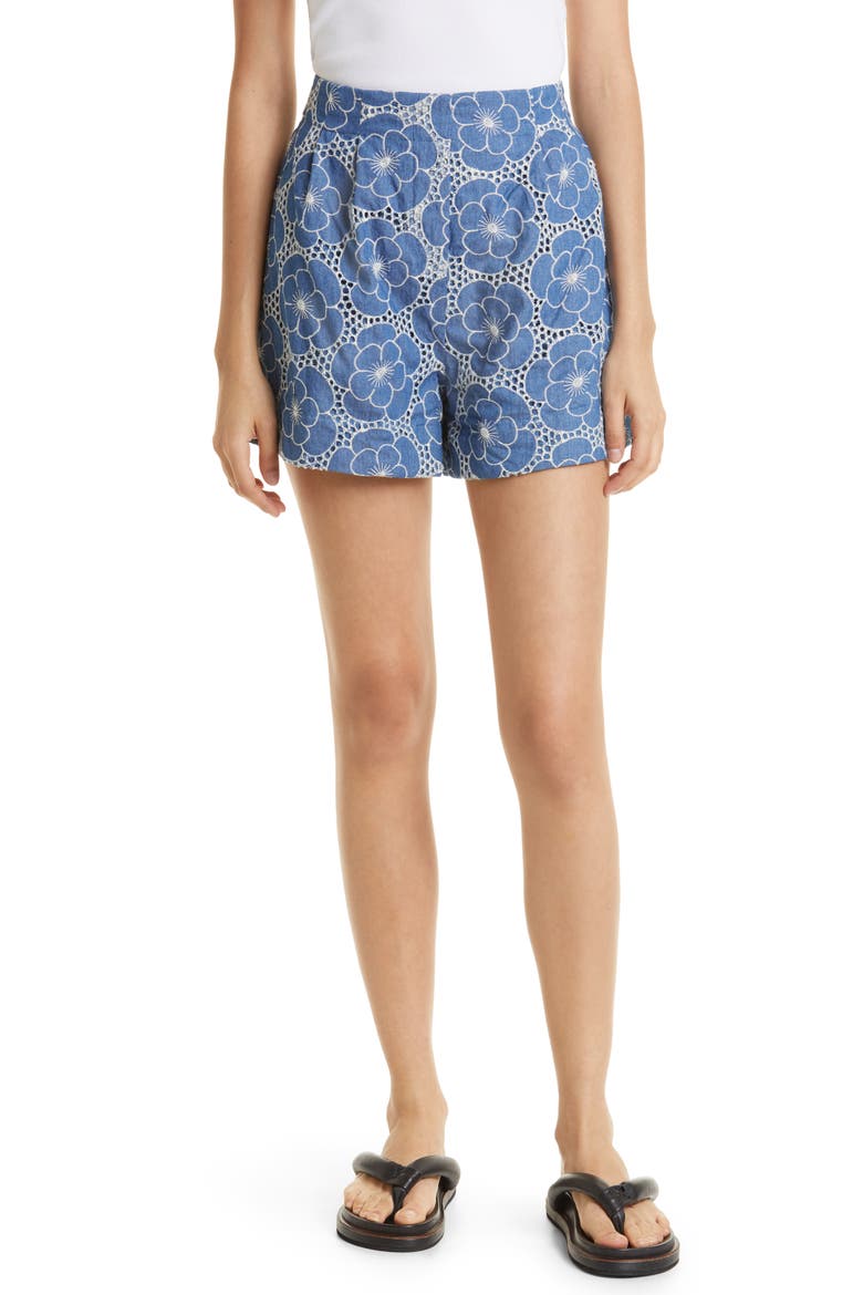 Jimea Floral Eyelet Cotton Chambray Shorts, Main, color, BLUE FLOWER