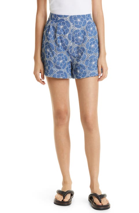 Jimea Floral Eyelet Cotton Chambray Shorts