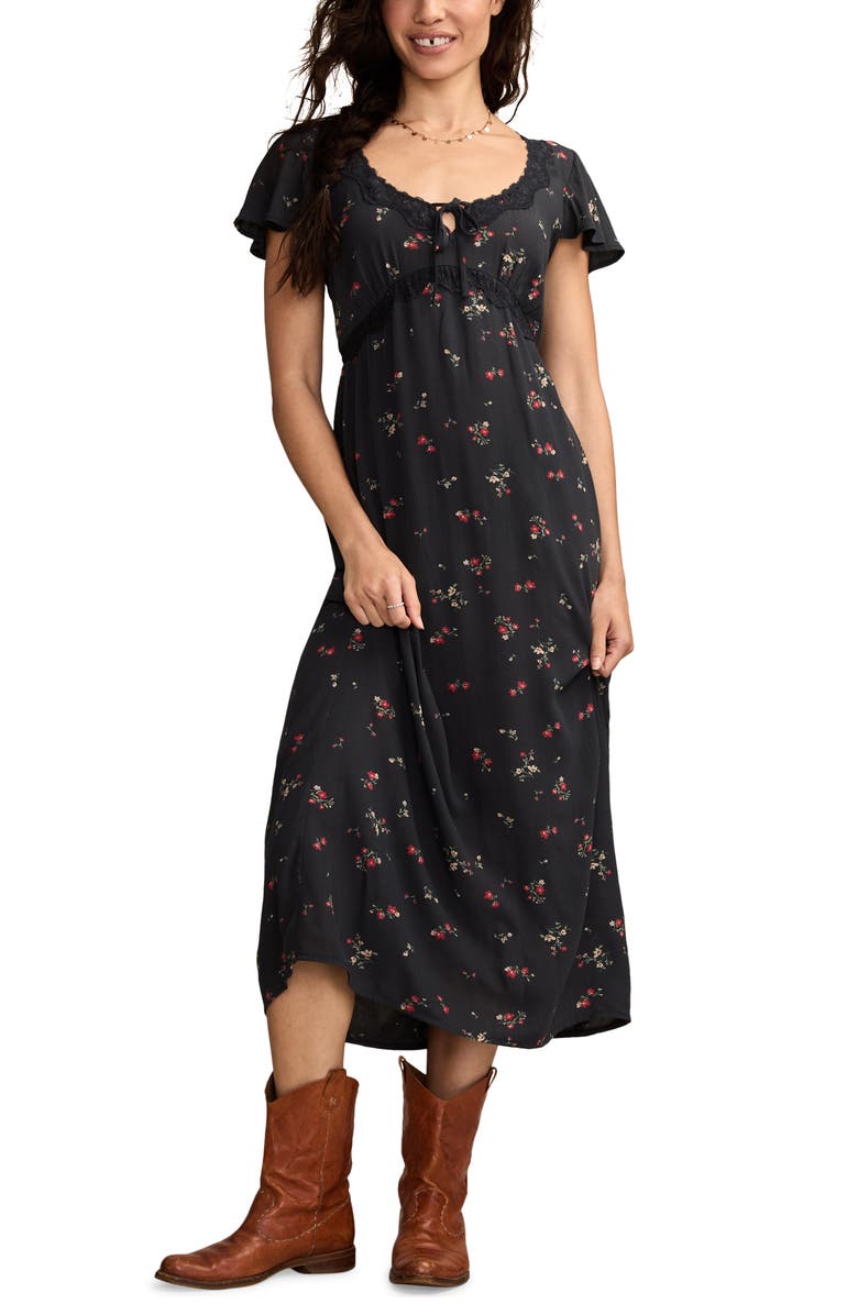 Lucky Brand Lace Trim Flutter Sleeve Midi Dress, Main, color, 