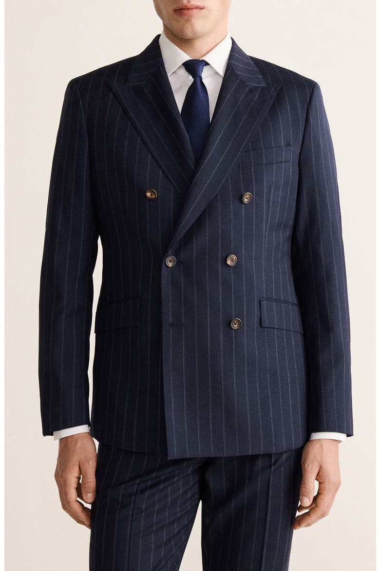 Venice Slim Fit Pinstripe Double Breasted Wool Jacket, Main, color, NAVY