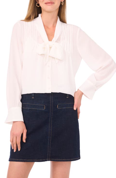 Tie Neck Crepe Pintuck Blouse