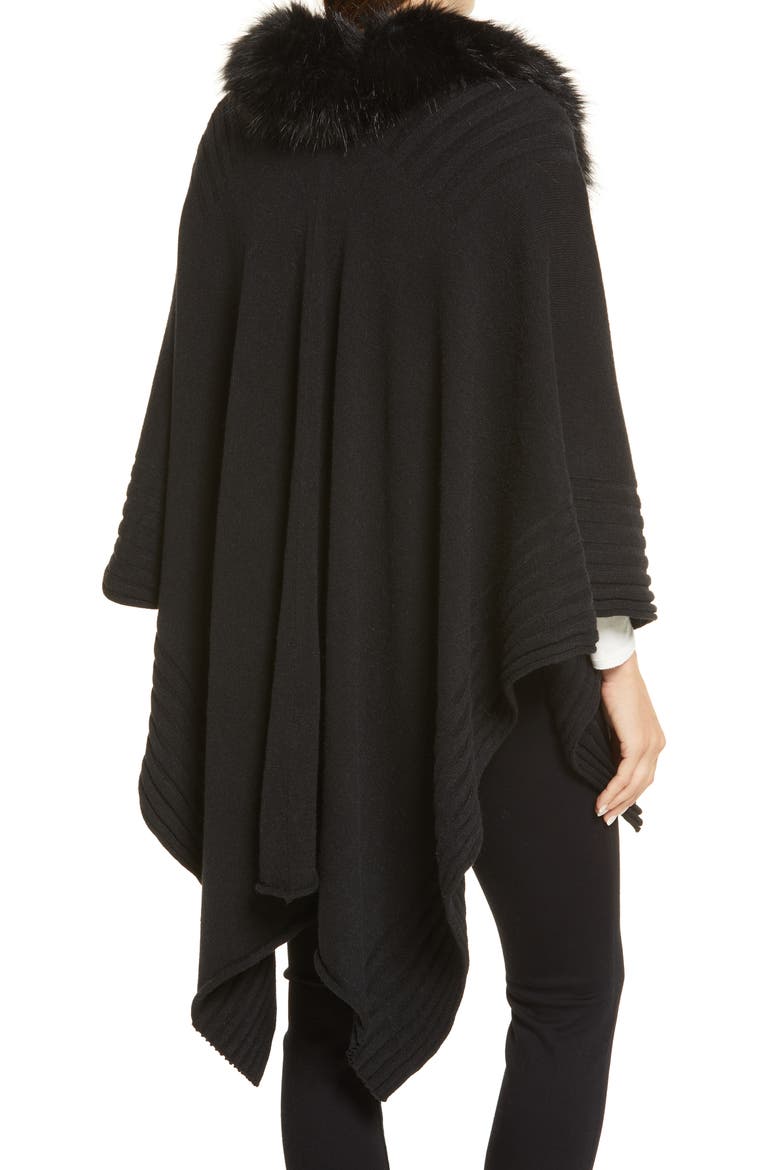 Rib Ruana with Faux Fur Collar, Alternate, color, BLACK