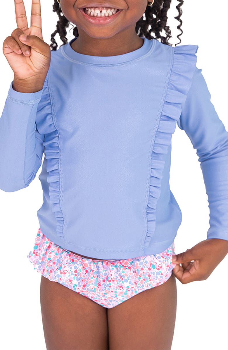 RuffleButts KIds Shimmer Ruffled Two-Piece Rashguard Swimsuit, Alternate, color, Periwinkle