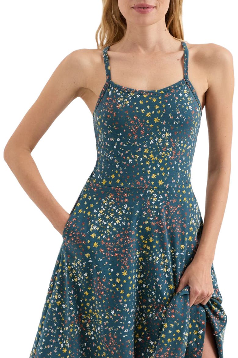 Fit & Flare Midi Dress Made With Organic Cotton, Alternate, color, Deep Aqua Flower Fields