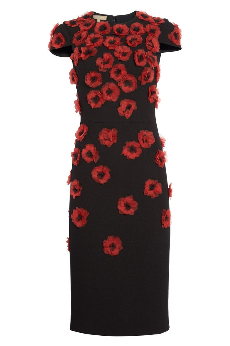 'Crimson Poppy' Floral Embellished Sheath Dress, Alternate, color, BLACK