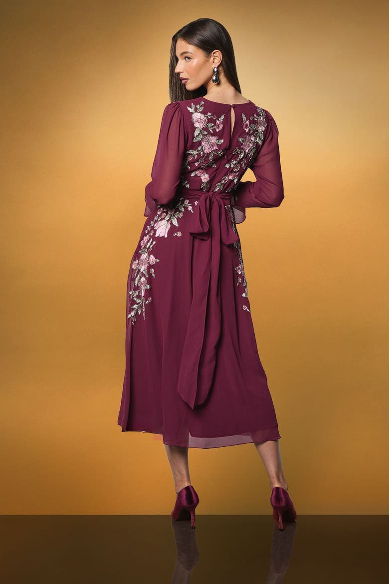 Wrap Waist Embroidered Midi Dress, Alternate, color, Wine