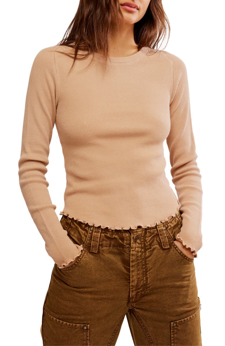 Free People Easy Does It Long Sleeve Waffle Knit Cotton T-Shirt, Main, color, Cuban Sand