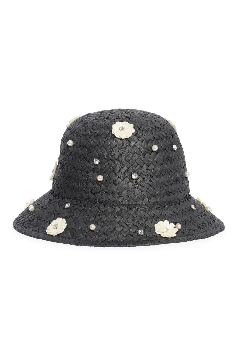 Embellished Straw Bucket Hat, Alternate, color, BLACK
