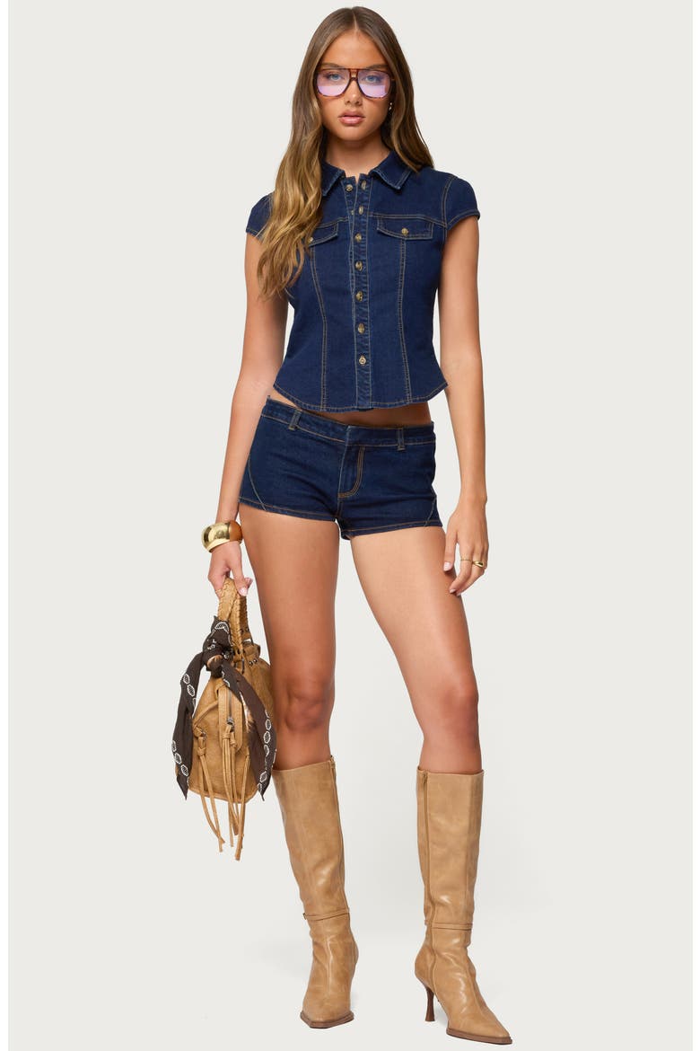 Contrast Stitch Button-Up Denim Shirt, Alternate, color, DARK-BLUE
