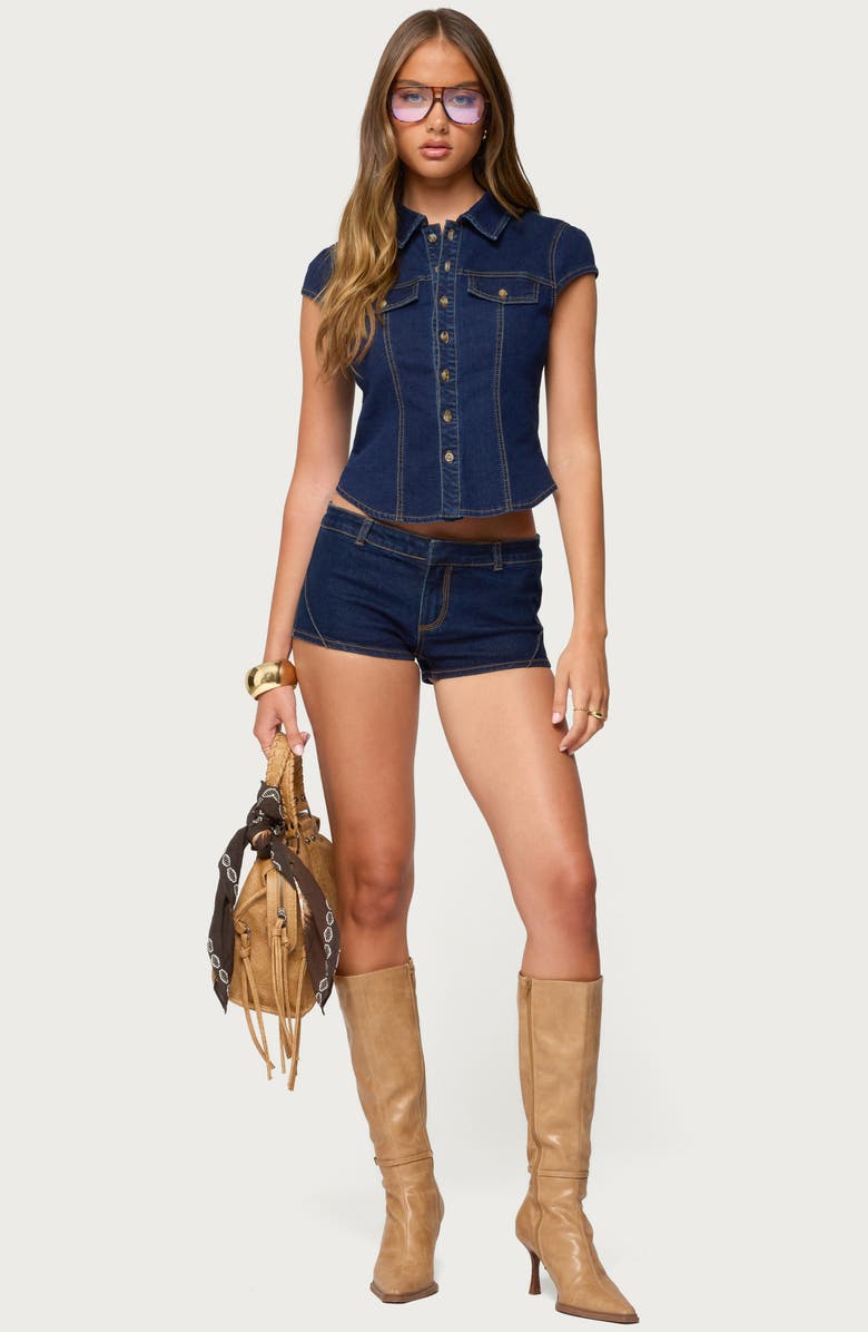 EDIKTED Contrast Stitch Button-Up Denim Shirt, Alternate, color, Dark-Blue