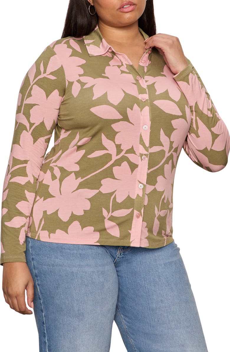 Sanctuary Dreamer Floral Knit Button-Up Shirt, Alternate, color, Pink Silhouette