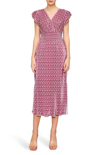 Melloday Cap Sleeve Plissé Midi Dress In Pink Multi