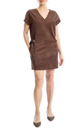 Max Studio Side Tab Faux Suede Shift Dress In Brown