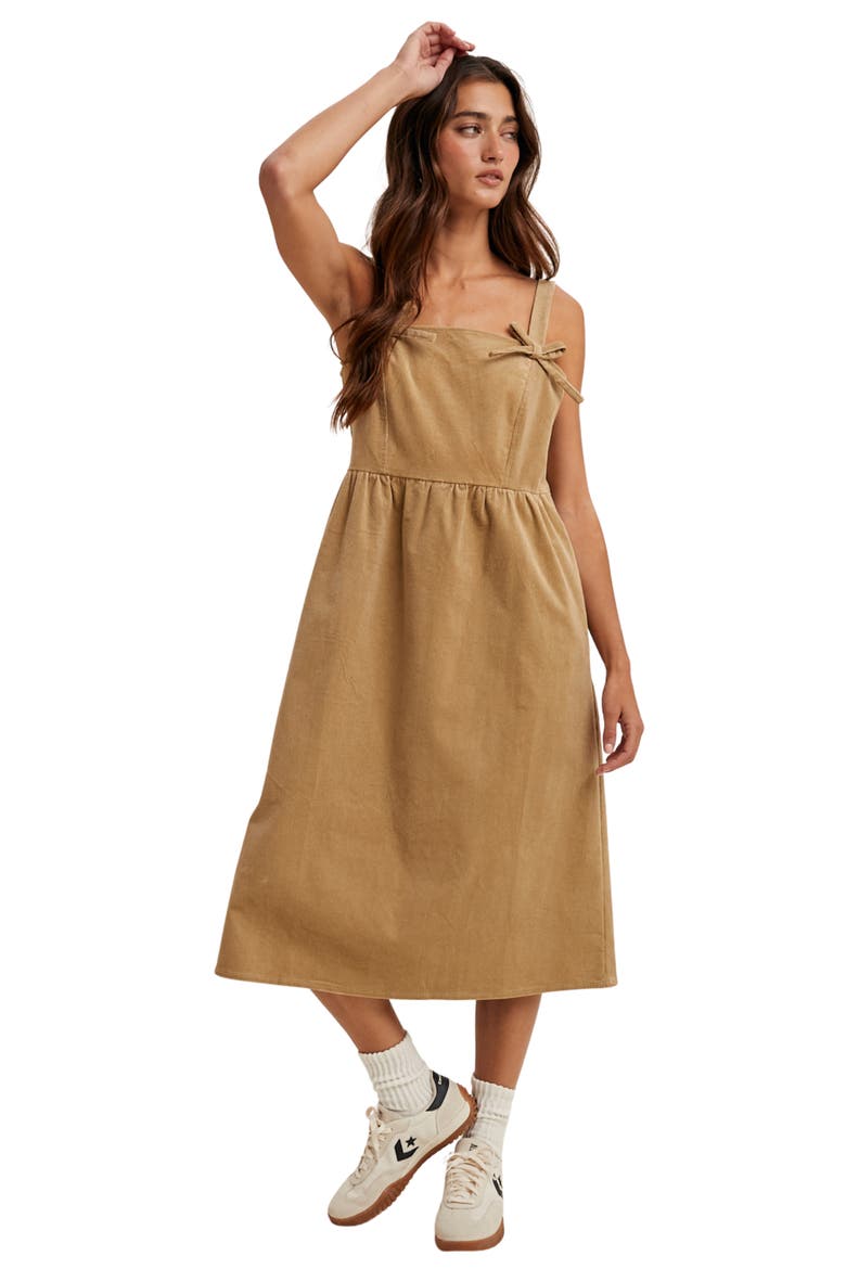 Corduroy Bow Strap Overalls Midi Dress, Alternate, color, TAUPE