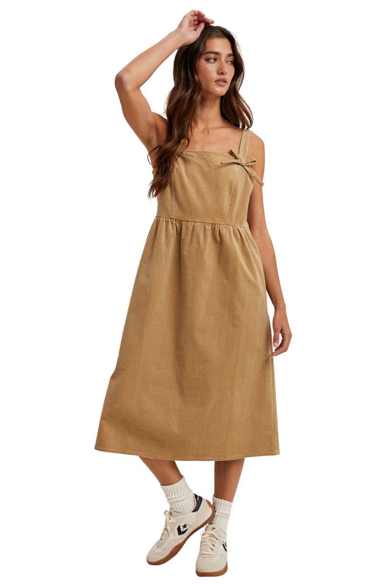 WISHLIST Corduroy Bow Strap Overalls Midi Dress, Alternate, color, Taupe