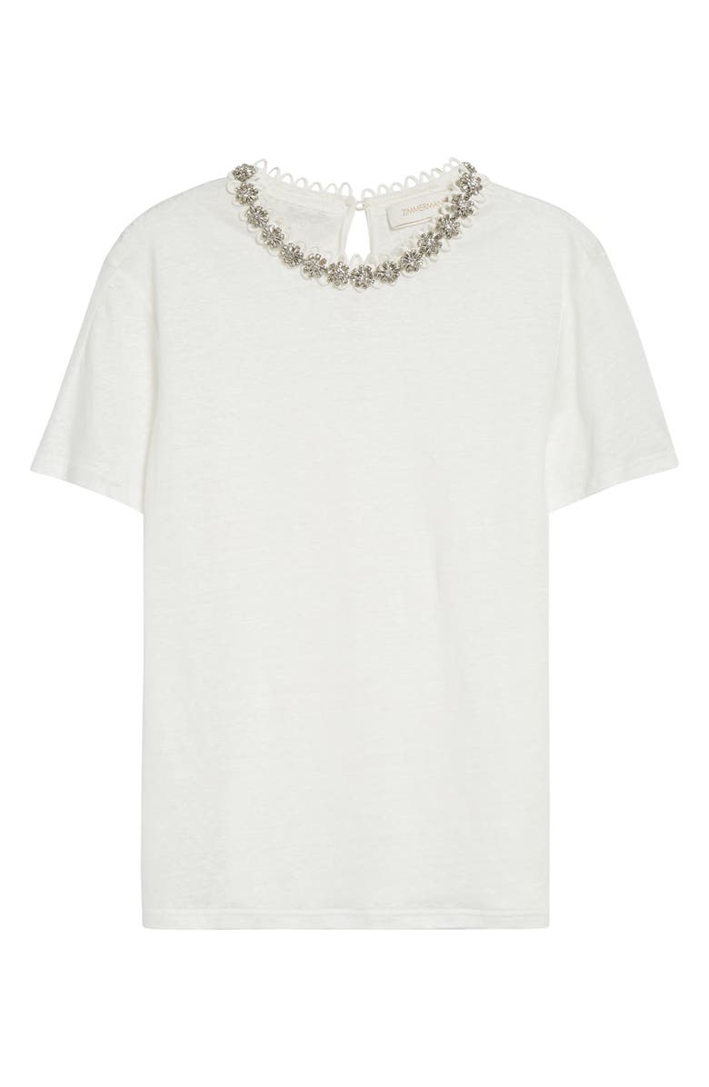Zimmermann Crystal Embellished Linen T-Shirt, Alternate, color, Ivory