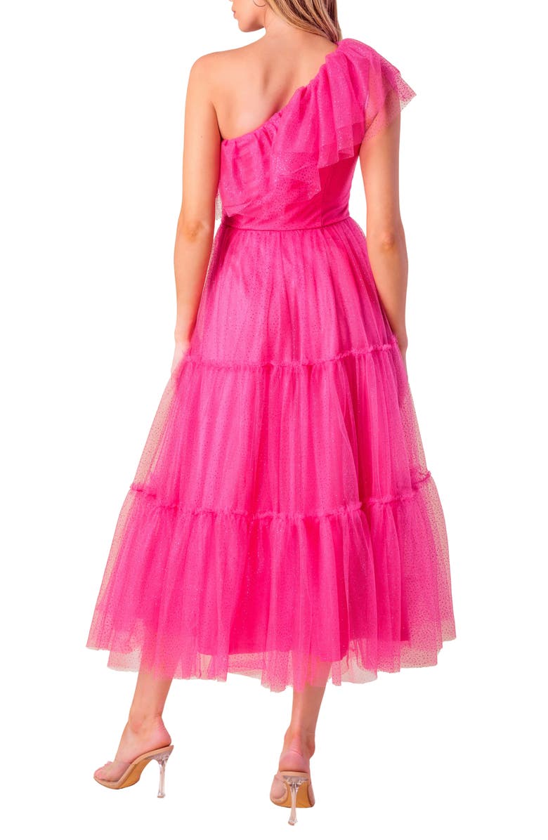 FLYING TOMATO One-Shoulder Tulle Midi Dress, Alternate, color, Fuchsia