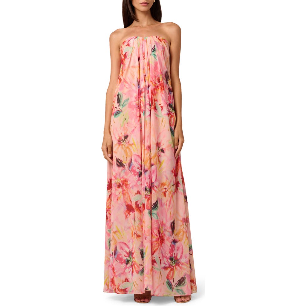 Liv Foster Brooke Strapless Floral-print Chiffon Gown In Coral Multi