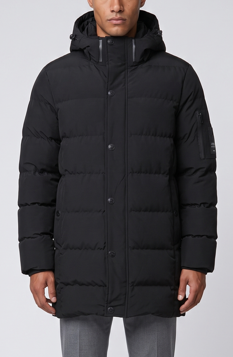 Long Hooded Puffer with Sleeve Pocket