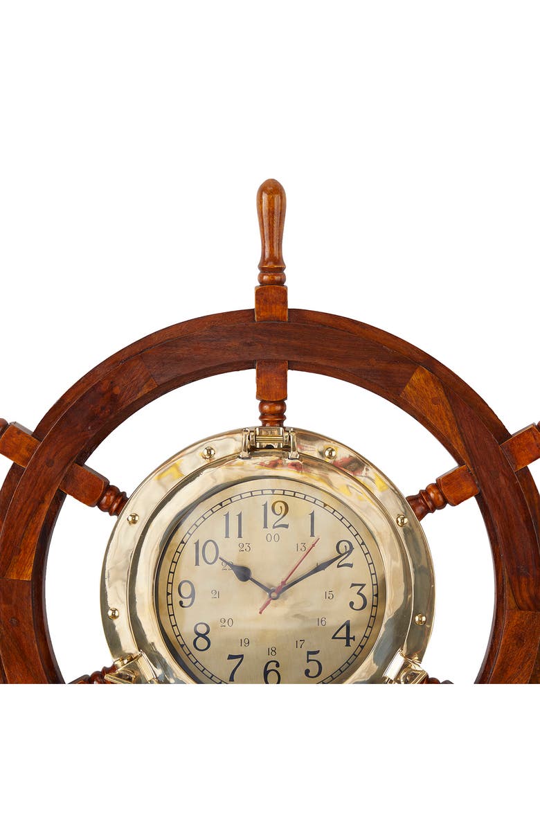 WILLOW ROW Goldtone Wood Ship wheel Sail Boat Wall Clock, Alternate, color, 