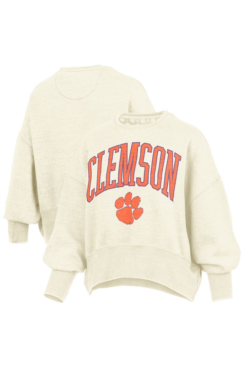 Women's Pressbox Natural Clemson Tigers Oversized Waist-Length Crewneck Sweatshirt, Alternate, color, Natural