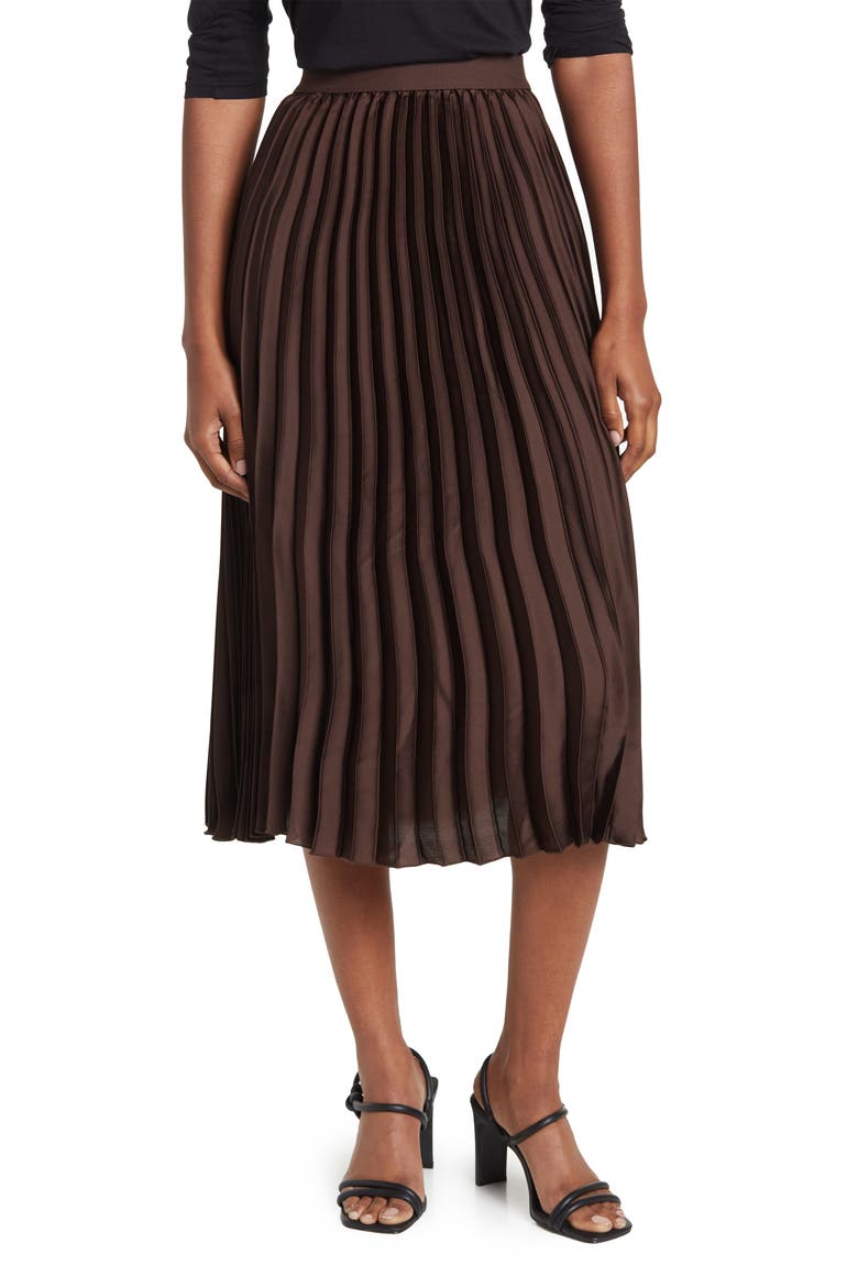 Satin Pleated Skirt, Main, color, ESPRESSO