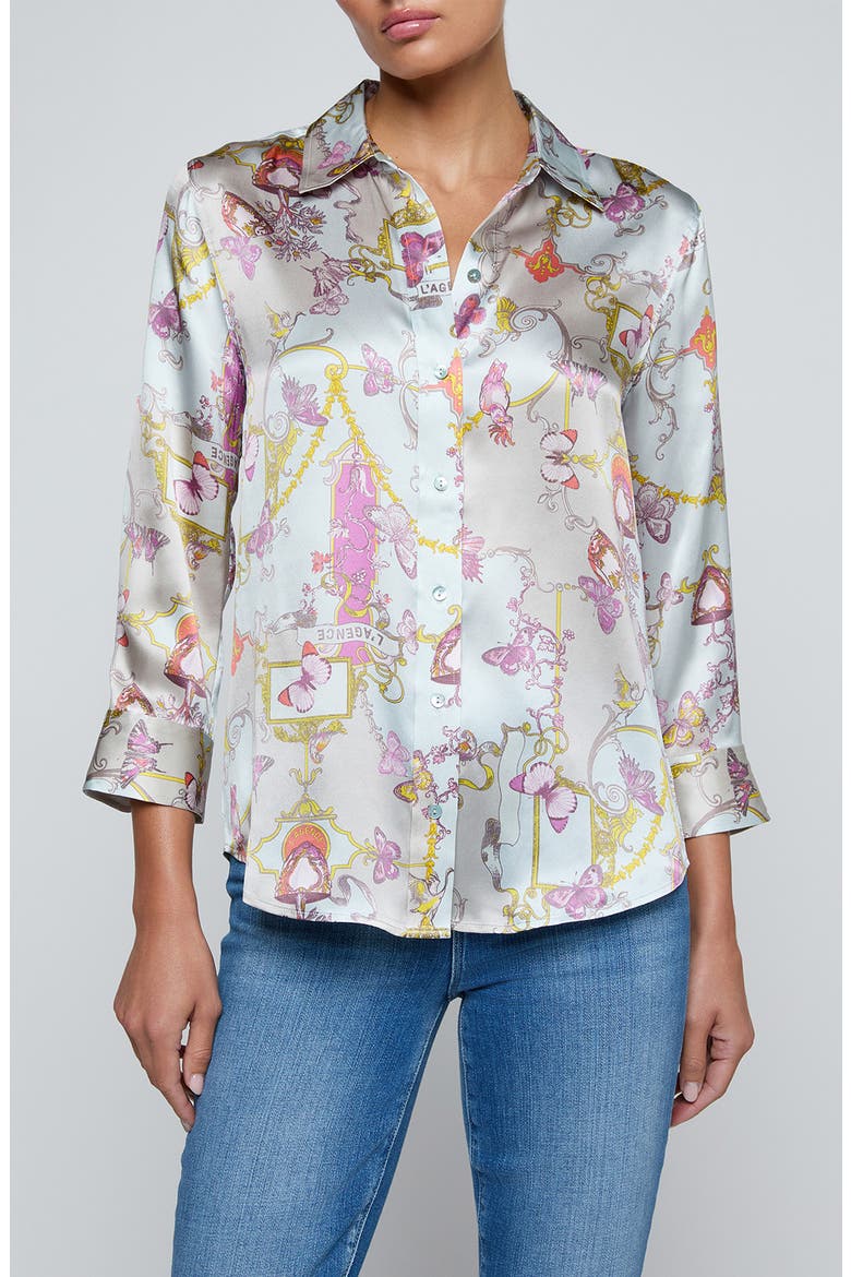 Dani Print Three-Quarter Sleeve Silk Button-Up Shirt, Main, color, MULTI BAROQUE TOILE