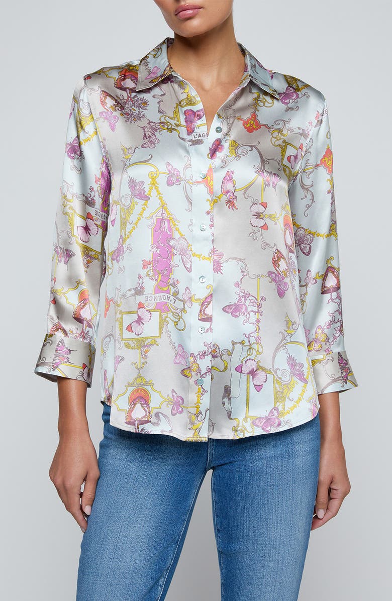 L'AGENCE Dani Print Three-Quarter Sleeve Silk Button-Up Shirt, Main, color, Multi Baroque Toile