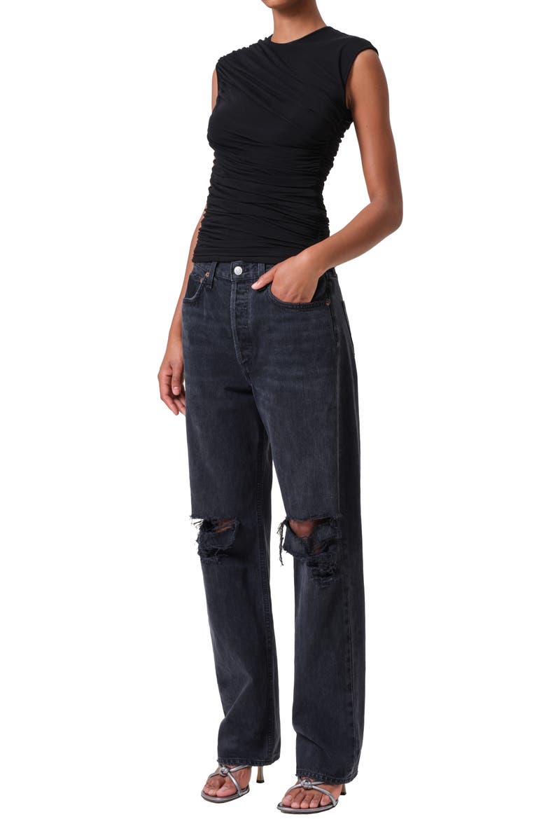 AGOLDE Ester Rib Ruched Tank, Alternate, color, Black