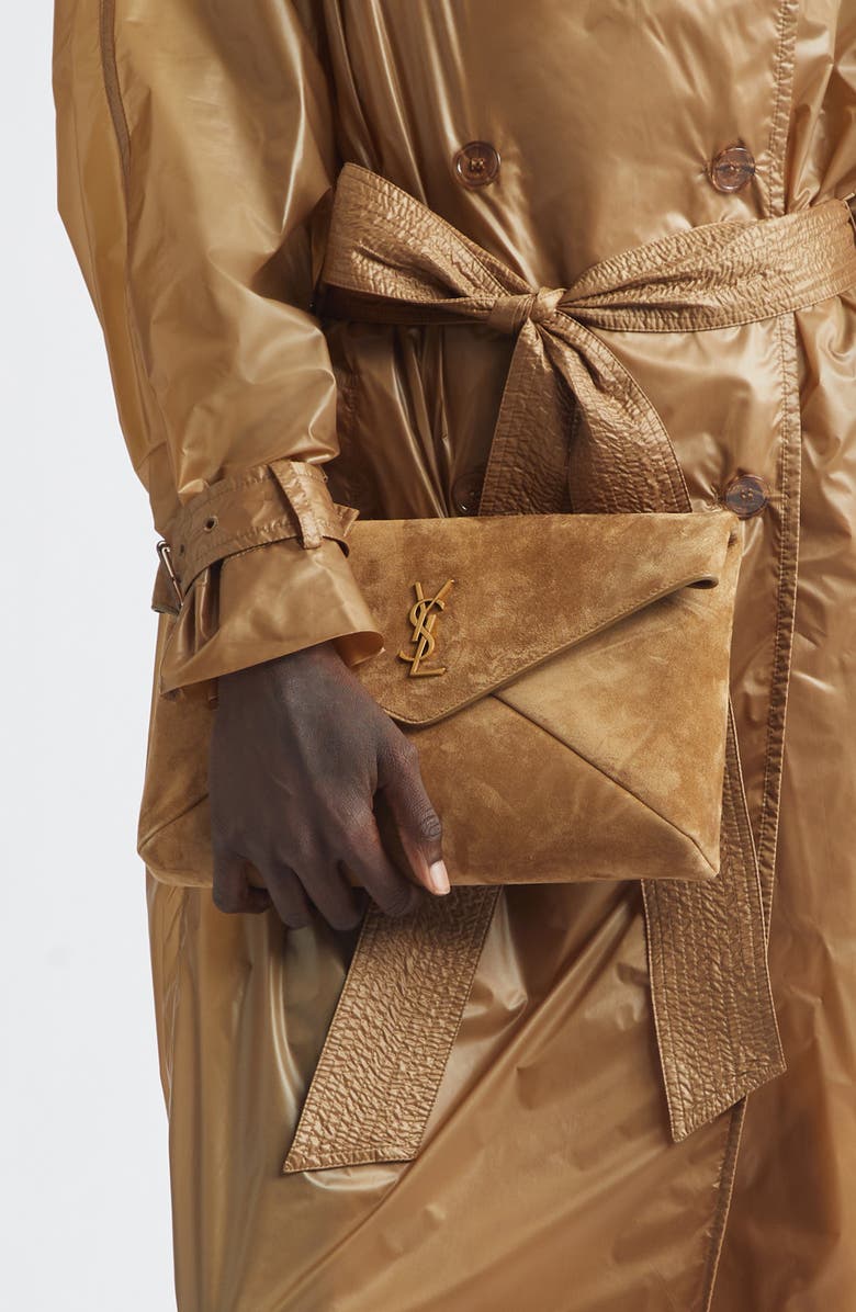 Saint Laurent Large Cassandre Suede Envelope Clutch, Alternate, color, Golden Leaf