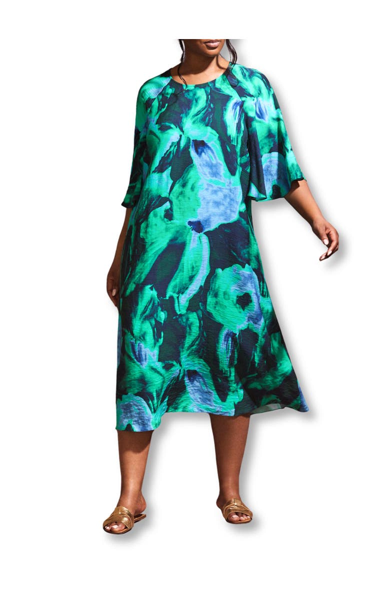 Live Unlimited Green Abstract Print Flutter Sleeve Midi Dress, Alternate, color, Green