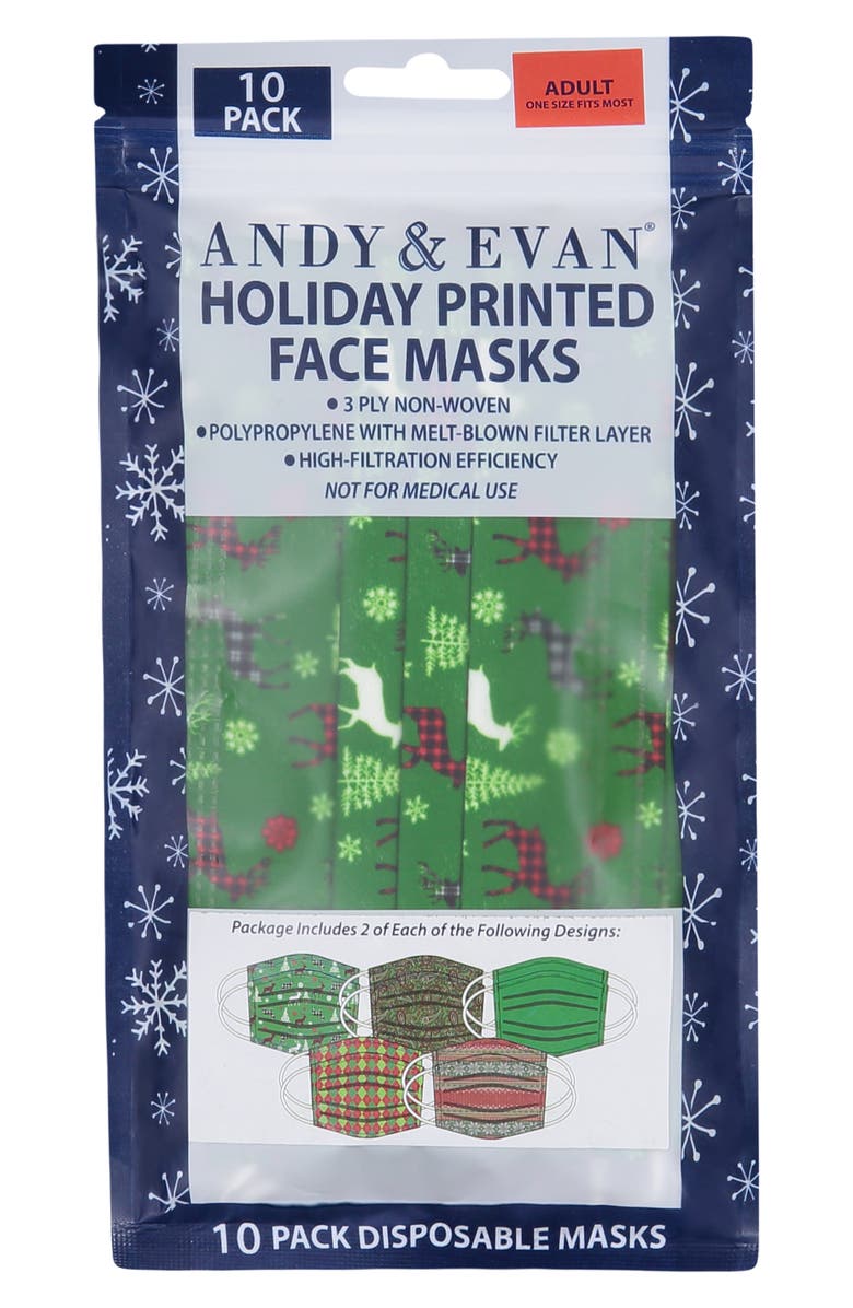 Andy & Evan 10-Pack Adult Assorted Holiday Disposable Face Masks, Alternate, color, 