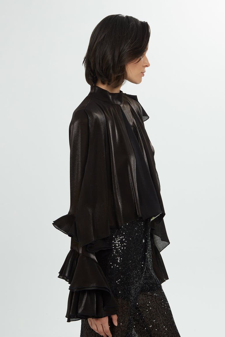 Back Zipper Ruffled Detail Black Blouse, Alternate, color, Black