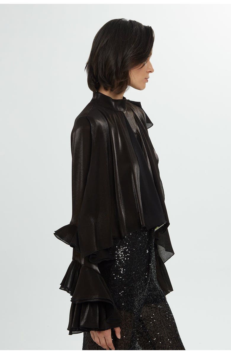 Gizia Back Zipper Ruffled Detail Black Blouse, Alternate, color, Black