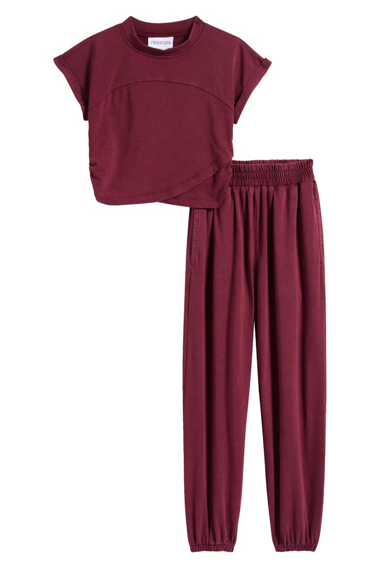 Kids' Washed Knit T-Shirt & Joggers Set, Main, color, BURGUNDY