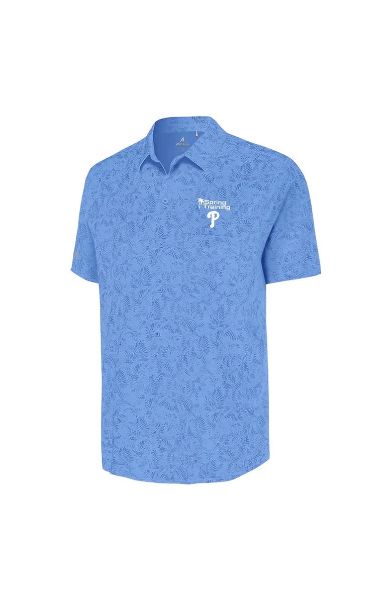 ANTIGUA Men's Antigua Powder Blue Philadelphia Phillies Palm Tree Spring Training Lush Button-Up Shirt, Alternate, color, 