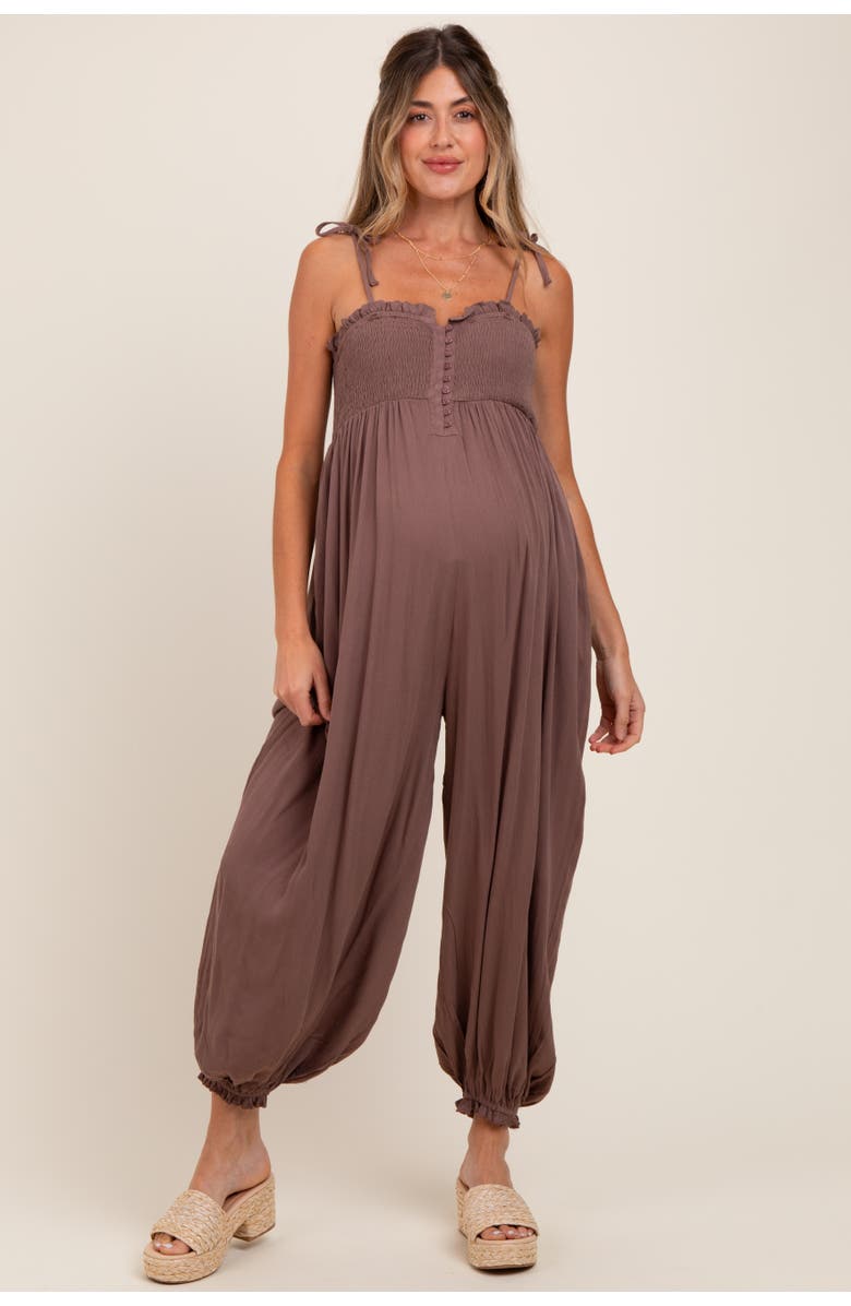 PinkBlush Smocked Button Front Shoulder Tie Jumpsuit, Main, color, Mocha