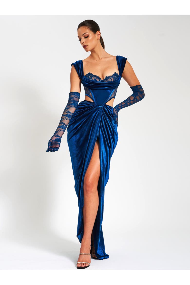 Quintesa Cutout Lace Velvet Off Shoulder Gown, Alternate, color, Blue