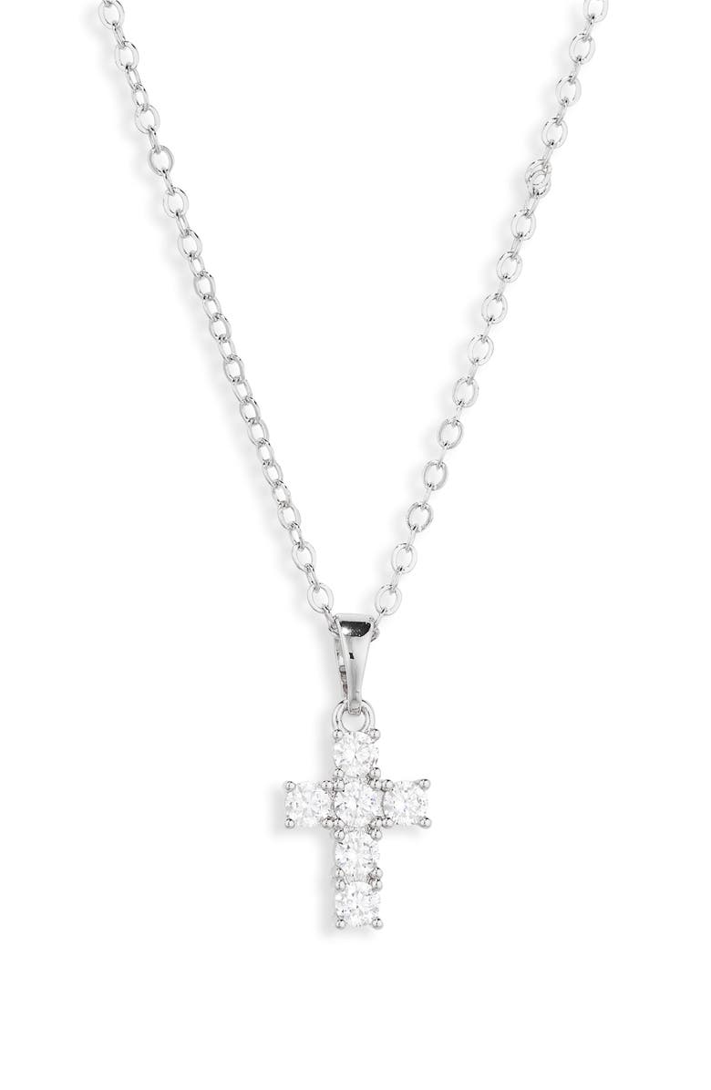 THE SIS KISS Dainty Crystal Cross Pendant Necklace, Main, color, Silver