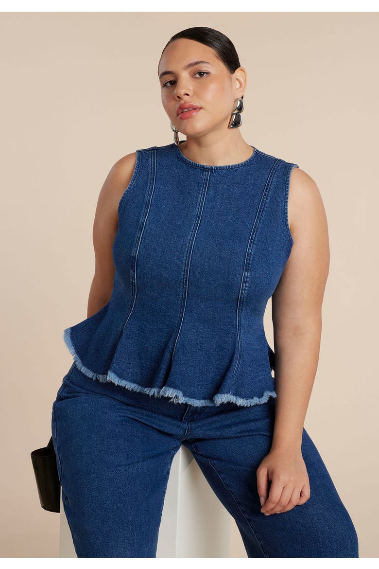 Denim Peplum Top, Alternate, color, DARK WASH